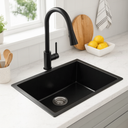 Cuba de Quartzo Lablanco 680x450x200mm Preta com sifao e valvula (R)