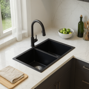 Cuba de Quartzo Lablanco Dupla 780x450x200mm Preta com sifao e valvula (R)