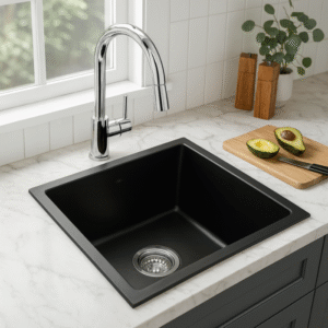 Cuba de Quartzo Lablanco 450x450x220mm Preta com sifao e valvula (R)