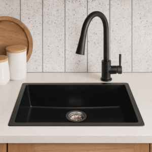 Cuba de Quartzo Lablanco 750x450x210mm Preta com sifao e valvula (R)