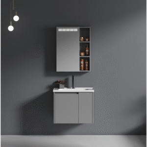 Gabinete Banheiro com Espelho, Pia e Armario Cinza