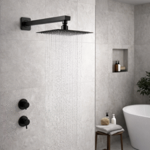 Ducha Chuveiro 20x20cm Com Braço Reto 40Cm Aço Inox 304 Preto