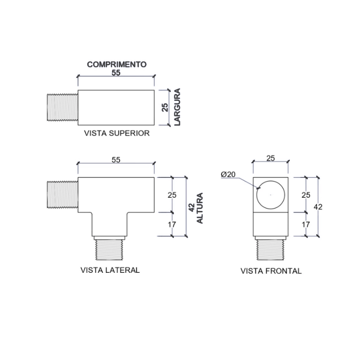 Desenho Tecnico - Desviador para Chuveiro quadrado Latao Cromado